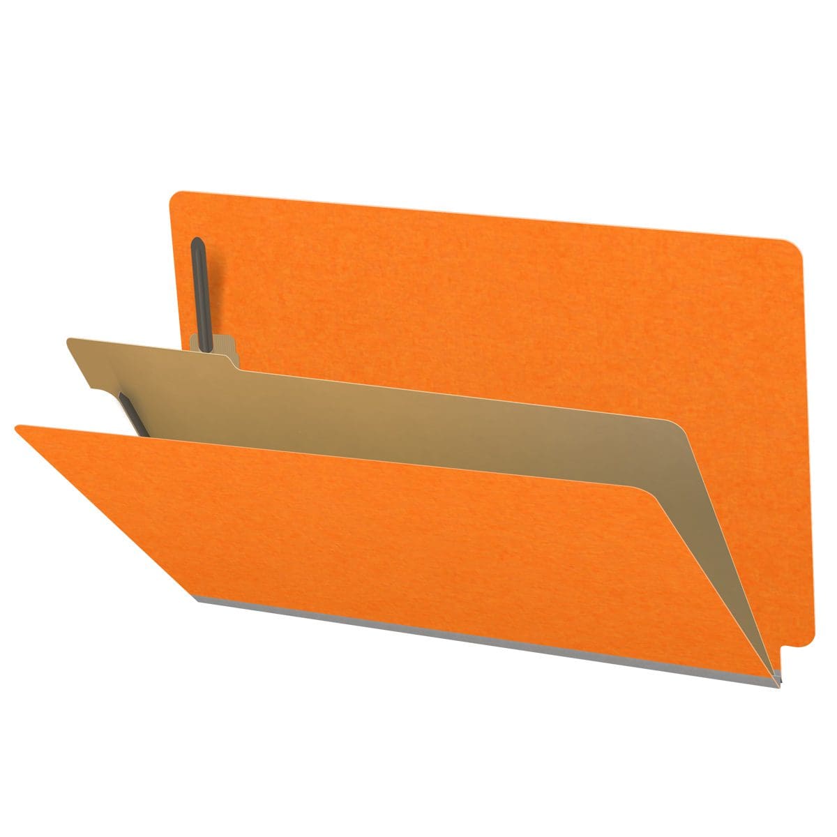 Orange legal size end tab classification folder with 2" gray tyvek expansion, with 2" bonded fasteners on inside front and inside back and 1" duo fastener on divider. 18 pt. paper stock and 17 pt brown kraft dividers, 10/Box