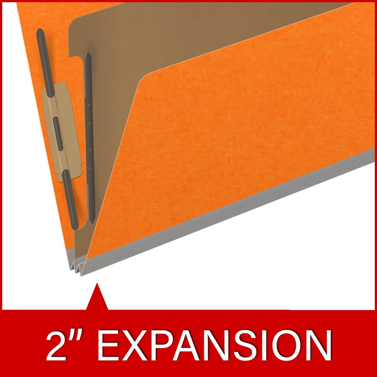 Orange legal size end tab classification folder with 2" gray tyvek expansion, with 2" bonded fasteners on inside front and inside back and 1" duo fastener on divider. 18 pt. paper stock and 17 pt brown kraft dividers. Packaged 10/50.