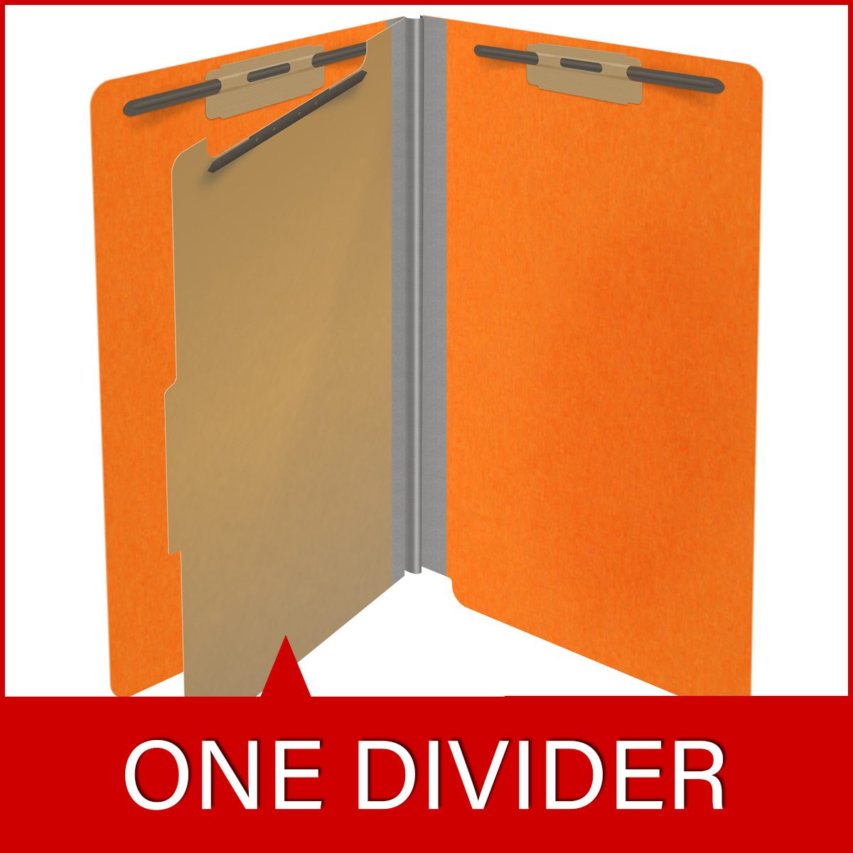 Orange legal size end tab classification folder with 2" gray tyvek expansion, with 2" bonded fasteners on inside front and inside back and 1" duo fastener on divider. 18 pt. paper stock and 17 pt brown kraft dividers. Packaged 10/50.