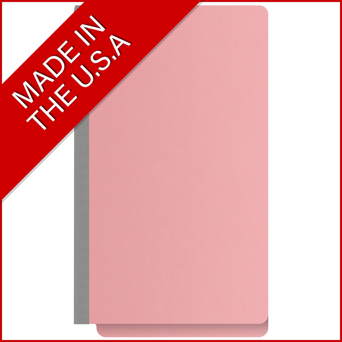 Pink legal size end tab classification folder with 2" gray tyvek expansion, with 2" bonded fasteners on inside front and inside back and 1" duo fastener on divider. 18 pt. paper stock and 17 pt brown kraft dividers, 10/Box
