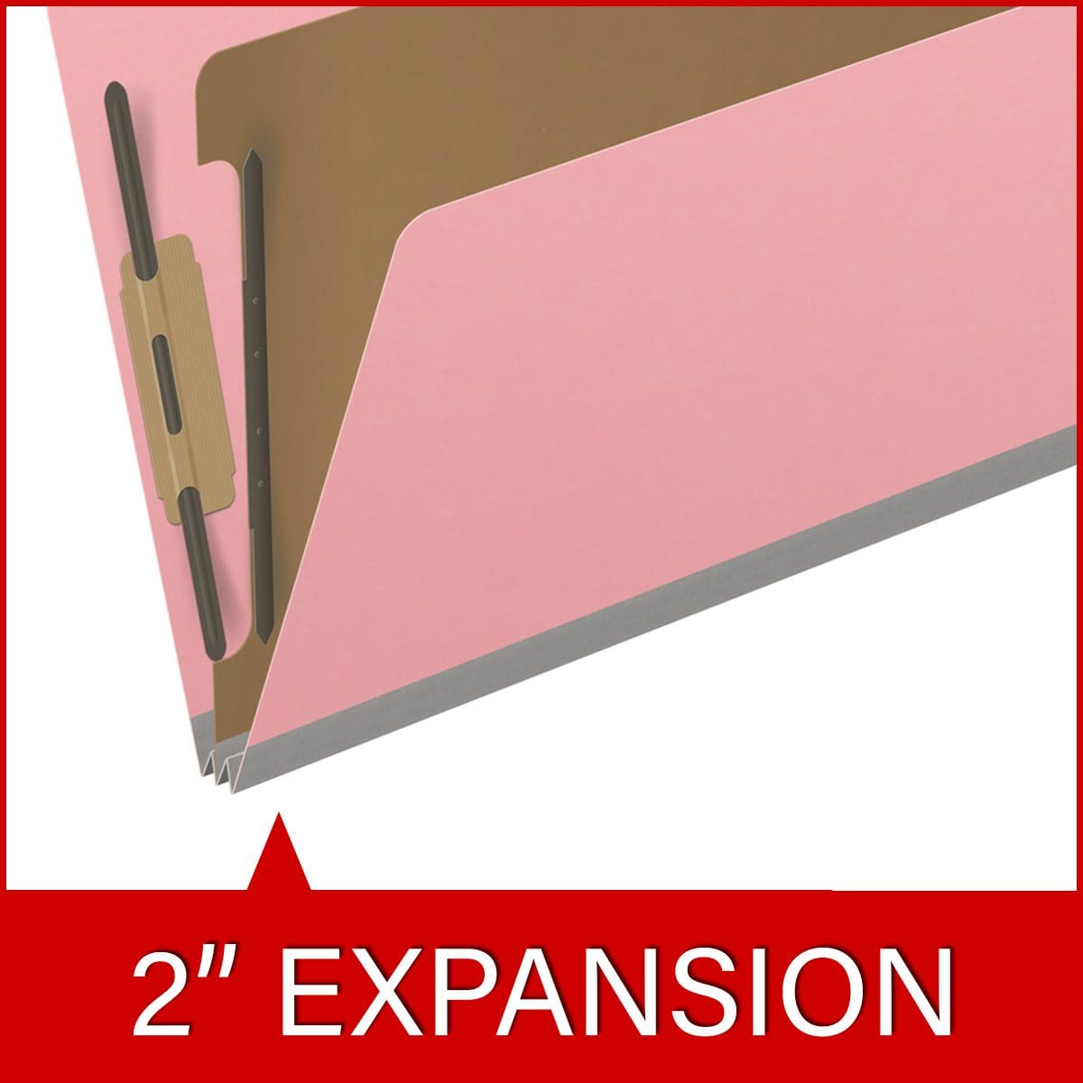 Pink legal size end tab classification folder with 2" gray tyvek expansion, with 2" bonded fasteners on inside front and inside back and 1" duo fastener on divider. 18 pt. paper stock and 17 pt brown kraft dividers, 10/Box