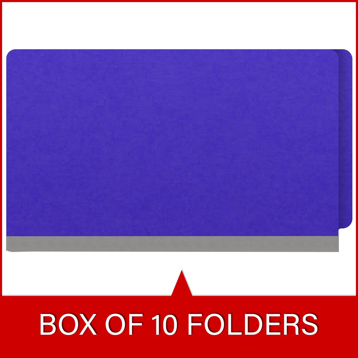 Purple legal size end tab classification folder with 2" gray tyvek expansion, with 2" bonded fasteners on inside front and inside back and 1" duo fastener on divider. 18 pt. paper stock and 17 pt brown kraft dividers. Packaged 10/50.