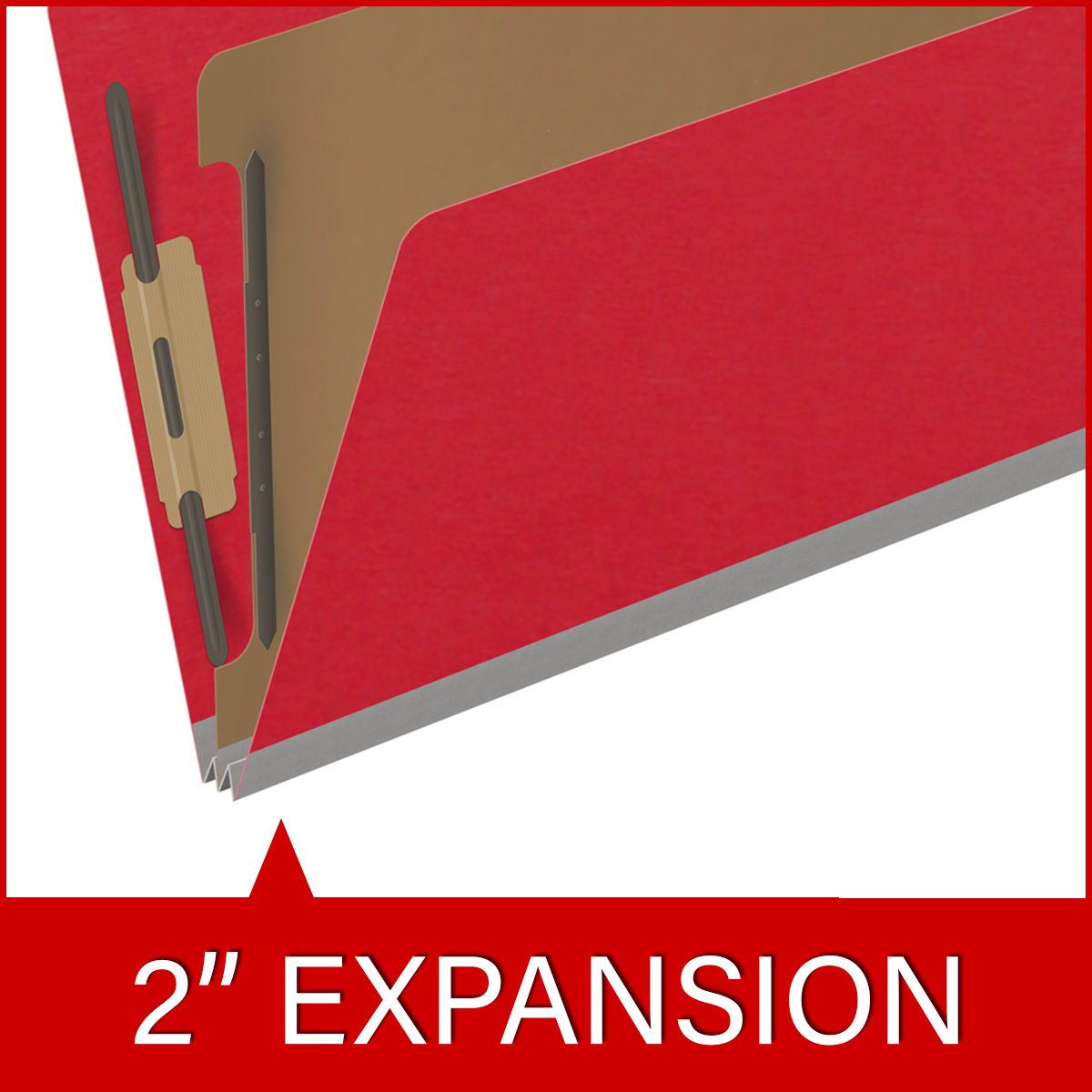 Red legal size end tab classification folder with 2" gray tyvek expansion, with 2" bonded fasteners on inside front and inside back and 1" duo fastener on divider. 18 pt. paper stock and 17 pt brown kraft dividers. Packaged 10/50.