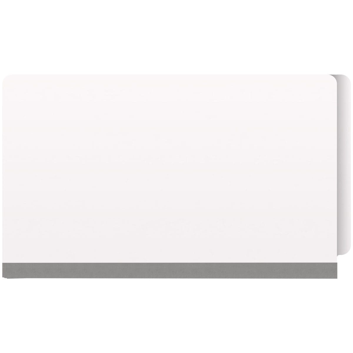 White legal size end tab classification folder with 2" gray tyvek expansion, with 2" bonded fasteners on inside front and inside back and 1" duo fastener on divider. 18 pt. paper stock and 17 pt brown kraft dividers. Packaged 10/50.