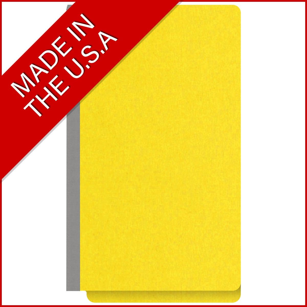 Yellow legal size end tab classification folder with 2" gray tyvek expansion, with 2" bonded fasteners on inside front and inside back and 1" duo fastener on divider. 18 pt. paper stock and 17 pt brown kraft dividers. Packaged 10/50.