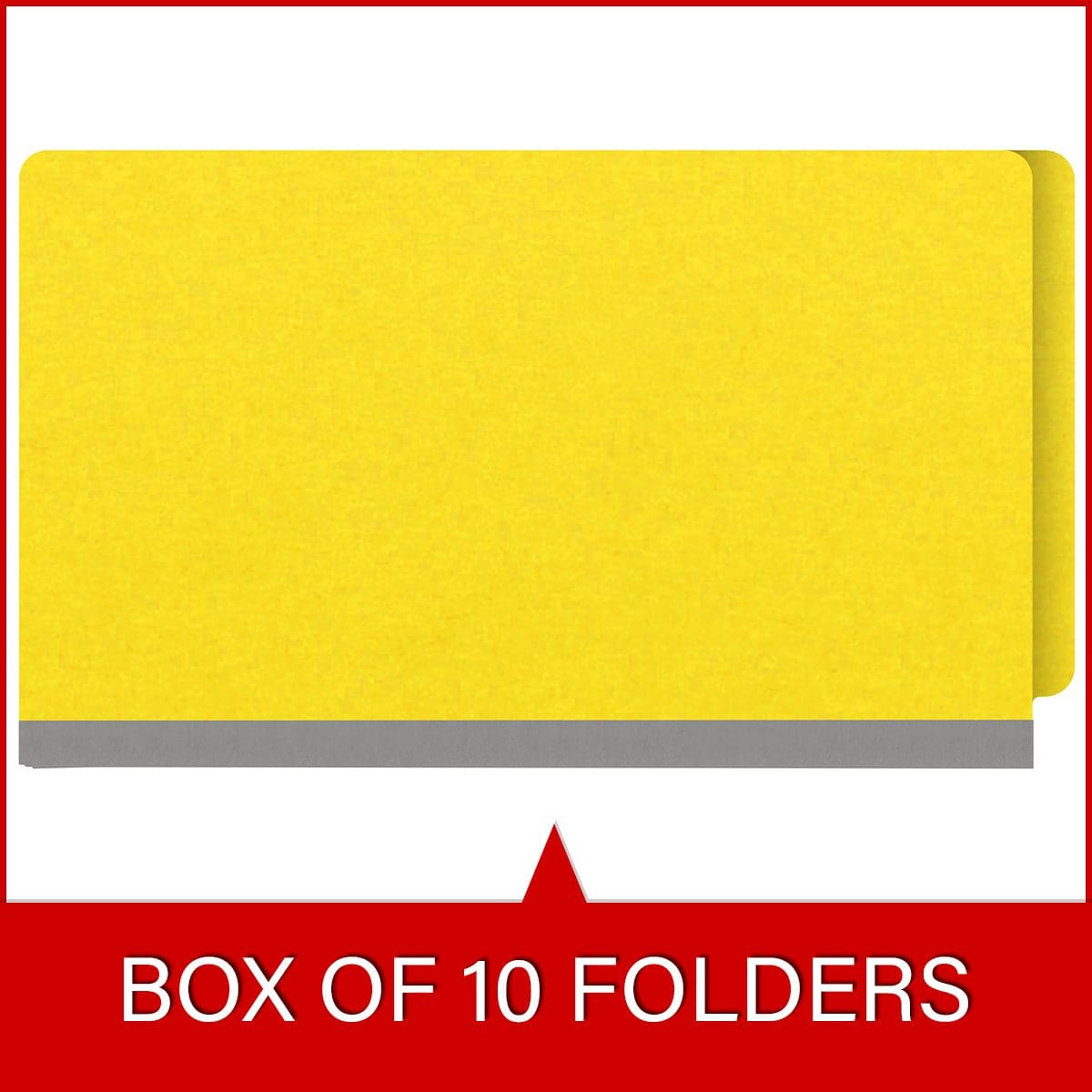 Yellow legal size end tab classification folder with 2" gray tyvek expansion, with 2" bonded fasteners on inside front and inside back and 1" duo fastener on divider. 18 pt. paper stock and 17 pt brown kraft dividers. Packaged 10/50.