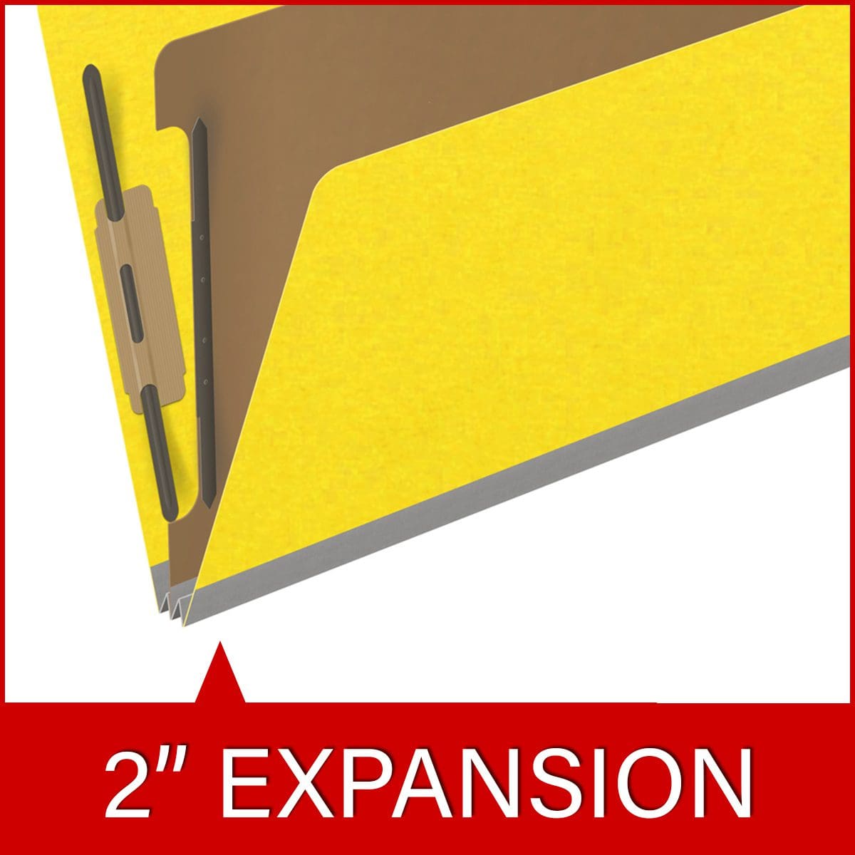 Yellow legal size end tab classification folder with 2" gray tyvek expansion, with 2" bonded fasteners on inside front and inside back and 1" duo fastener on divider. 18 pt. paper stock and 17 pt brown kraft dividers. Packaged 10/50.