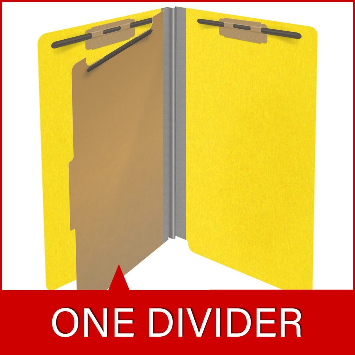 Yellow legal size end tab classification folder with 2" gray tyvek expansion, with 2" bonded fasteners on inside front and inside back and 1" duo fastener on divider. 18 pt. paper stock and 17 pt brown kraft dividers. Packaged 10/50.