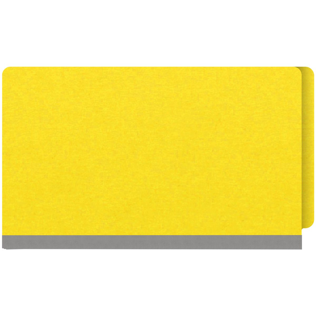 Yellow legal size end tab classification folder with 2" gray tyvek expansion, with 2" bonded fasteners on inside front and inside back and 1" duo fastener on divider. 18 pt. paper stock and 17 pt brown kraft dividers. Packaged 10/50.