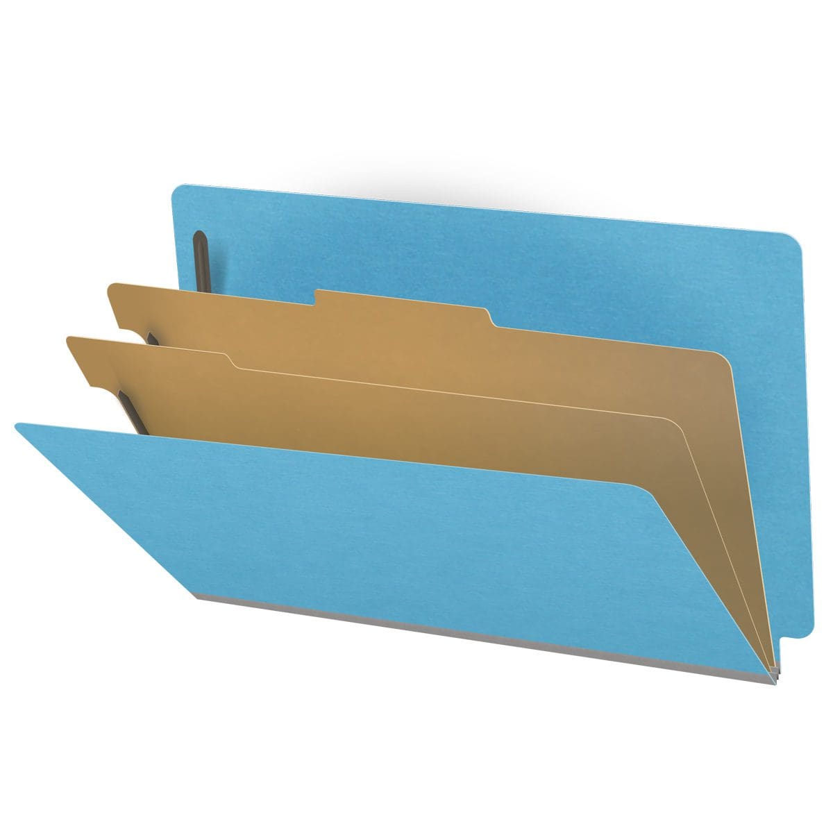 Blue legal size end tab classification folder with 2" gray tyvek expansion, with 2" bonded fasteners on inside front and inside back and 1" duo fastener on dividers. 18 pt. paper stock and 17 pt brown kraft dividers, 10/Box