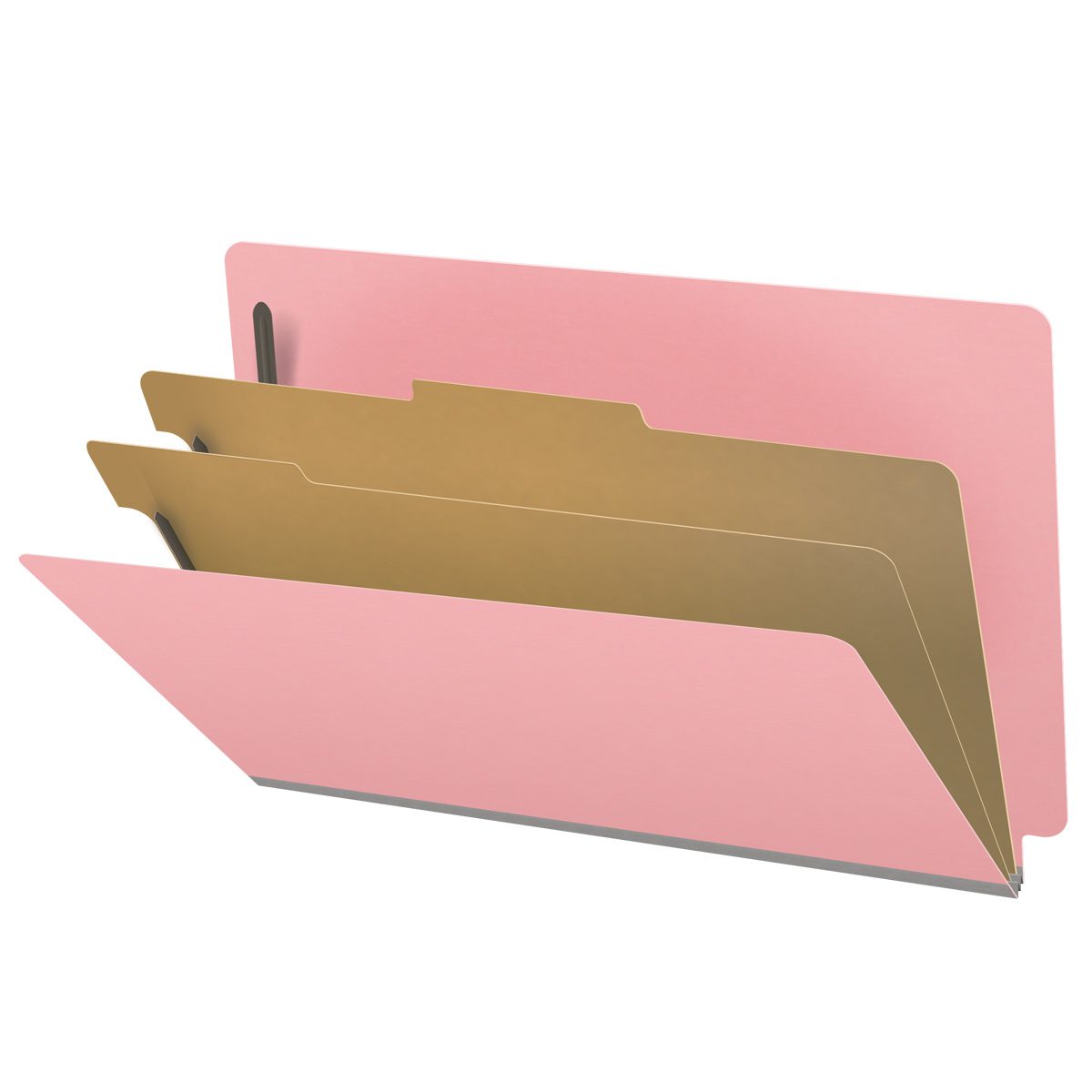 Pink legal size end tab classification folder with 2" gray tyvek expansion, with 2" bonded fasteners on inside front and inside back and 1" duo fastener on dividers. 18 pt. paper stock and 17 pt brown kraft dividers, 10/Box