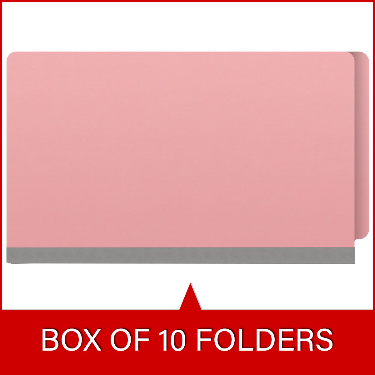 Pink legal size end tab classification folder with 2" gray tyvek expansion, with 2" bonded fasteners on inside front and inside back and 1" duo fastener on dividers. 18 pt. paper stock and 17 pt brown kraft dividers, 10/Box