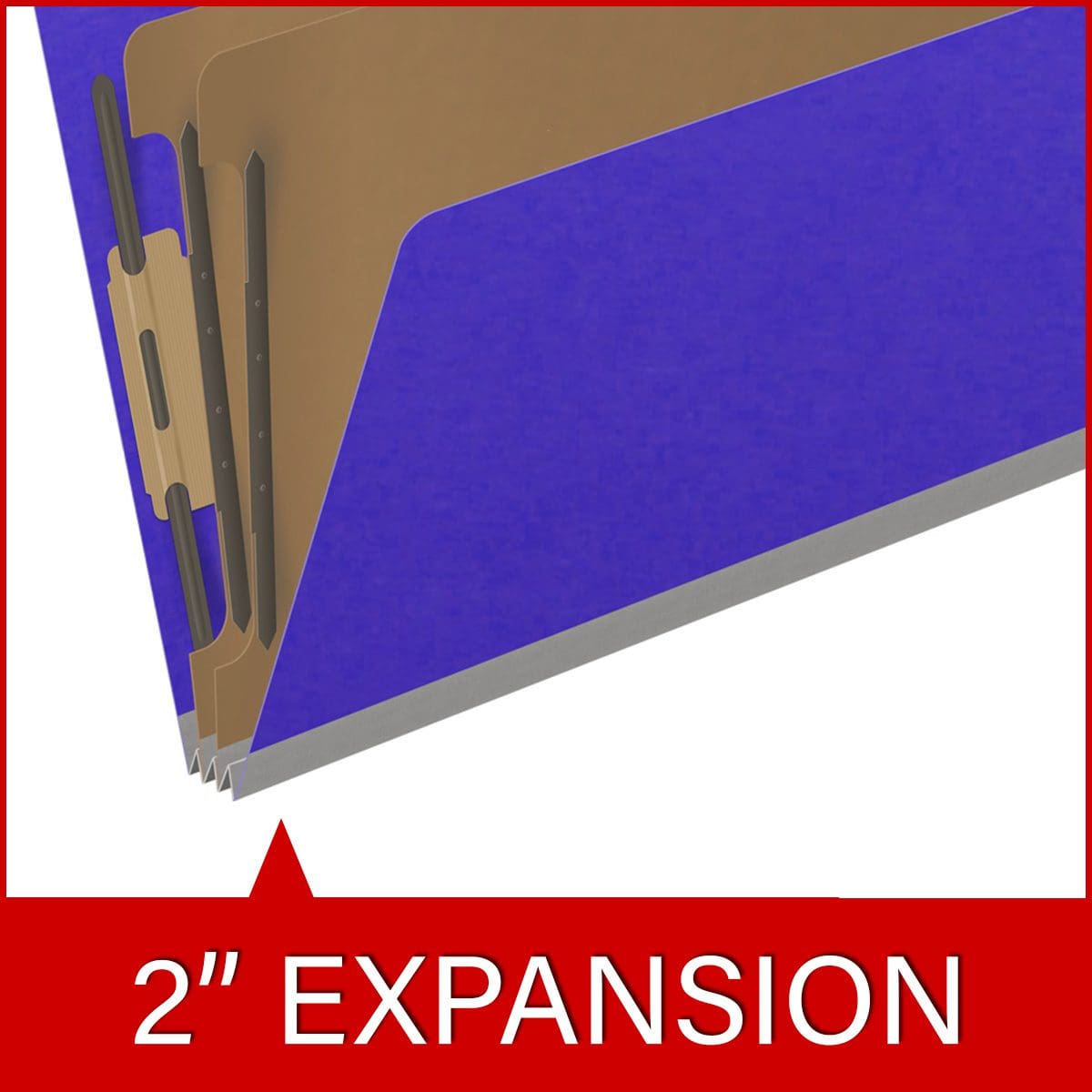 Purple legal size end tab classification folder with 2" gray tyvek expansion, with 2" bonded fasteners on inside front and inside back and 1" duo fastener on dividers. 18 pt. paper stock and 17 pt brown kraft dividers. Packaged 10/50.