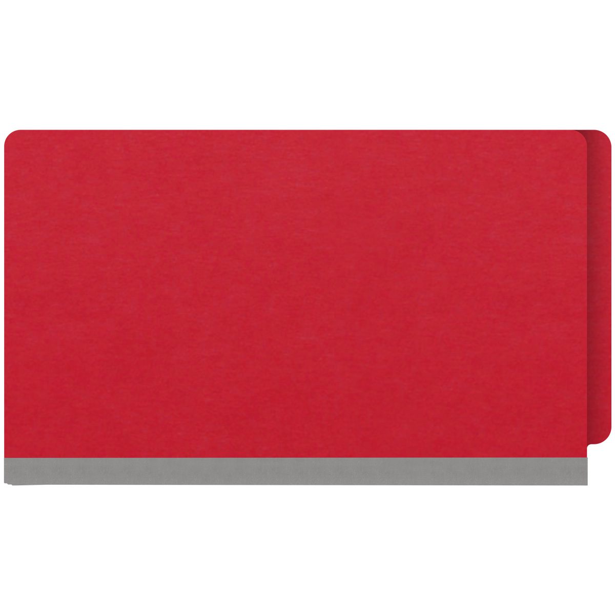 Red legal size end tab classification folder with 2" gray tyvek expansion, with 2" bonded fasteners on inside front and inside back and 1" duo fastener on dividers. 18 pt. paper stock and 17 pt brown kraft dividers. Packaged 10/50.
