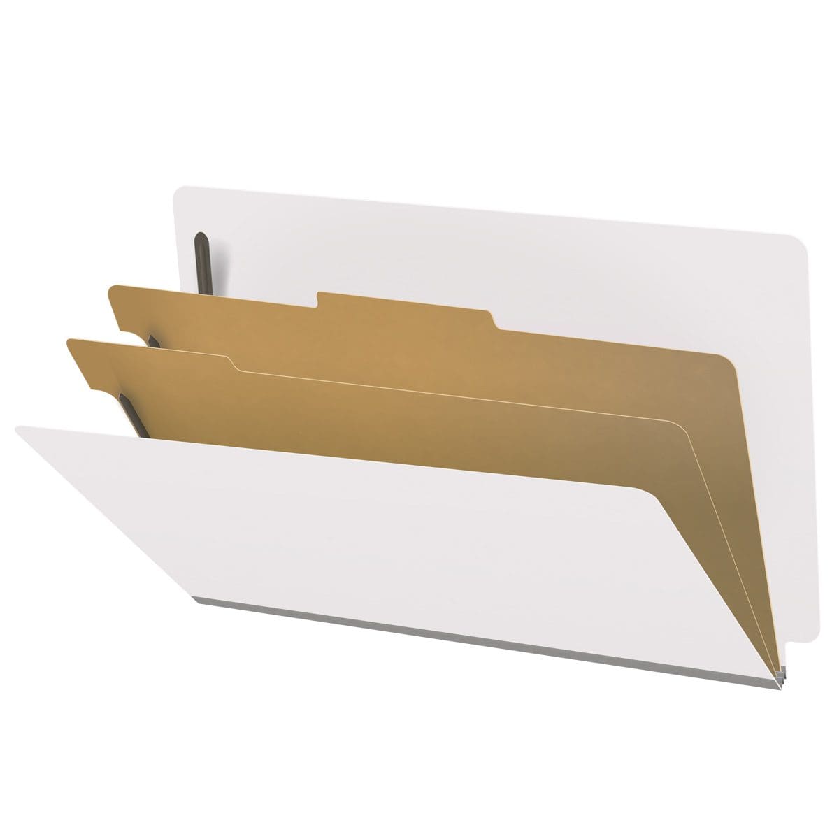 White legal size end tab classification folder with 2" gray tyvek expansion, with 2" bonded fasteners on inside front and inside back and 1" duo fastener on dividers. 18 pt. paper stock and 17 pt brown kraft dividers, 10/Box