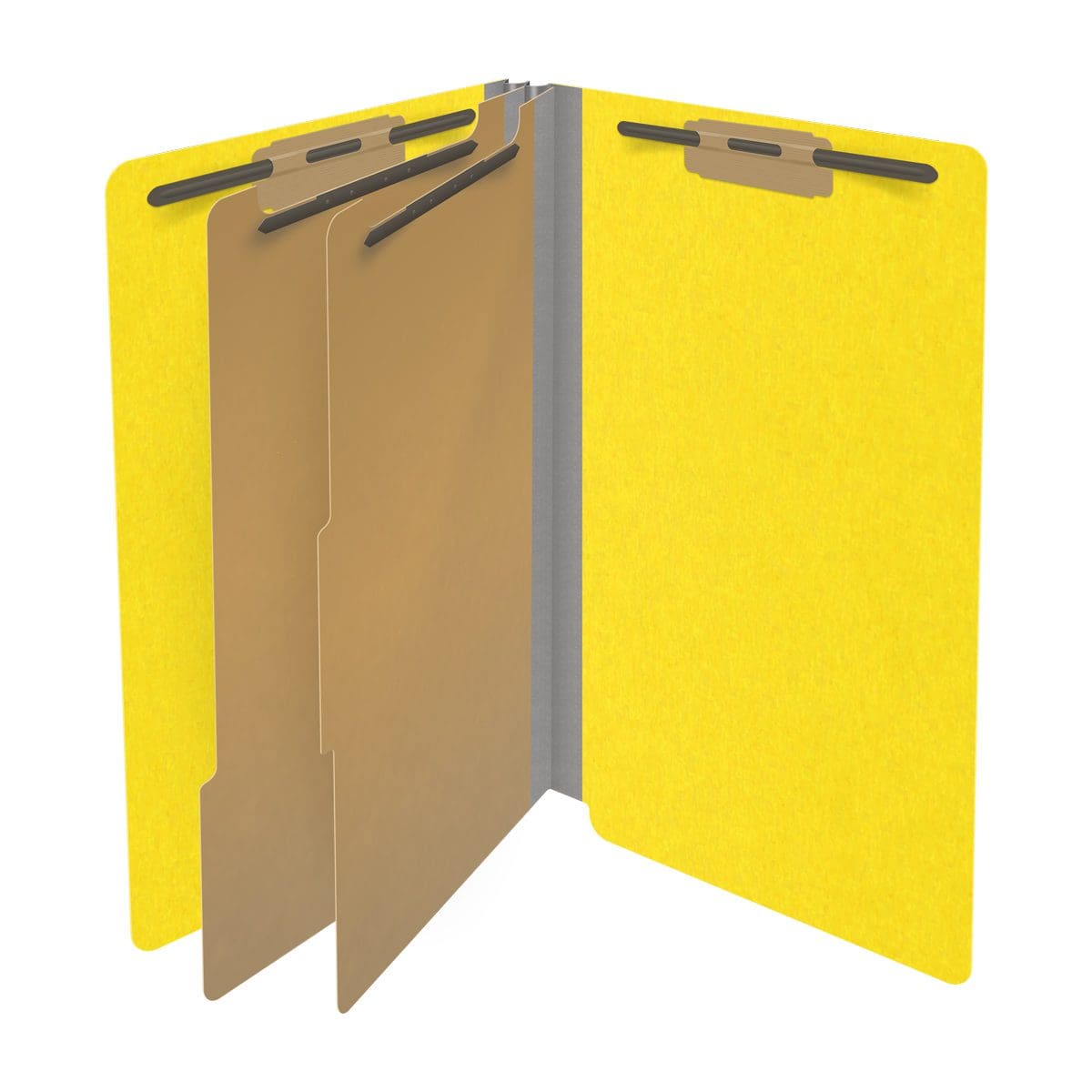 Yellow legal size end tab classification folder with 2" gray tyvek expansion, with 2" bonded fasteners on inside front and inside back and 1" duo fastener on dividers. 18 pt. paper stock and 17 pt brown kraft dividers. Packaged 10/50.