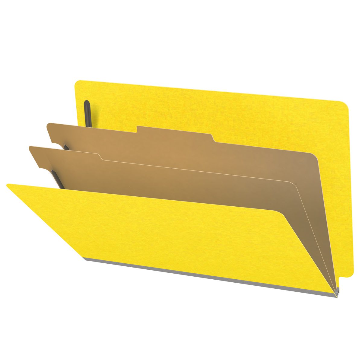 Yellow legal size end tab classification folder with 2" gray tyvek expansion, with 2" bonded fasteners on inside front and inside back and 1" duo fastener on dividers. 18 pt. paper stock and 17 pt brown kraft dividers, 10/Box