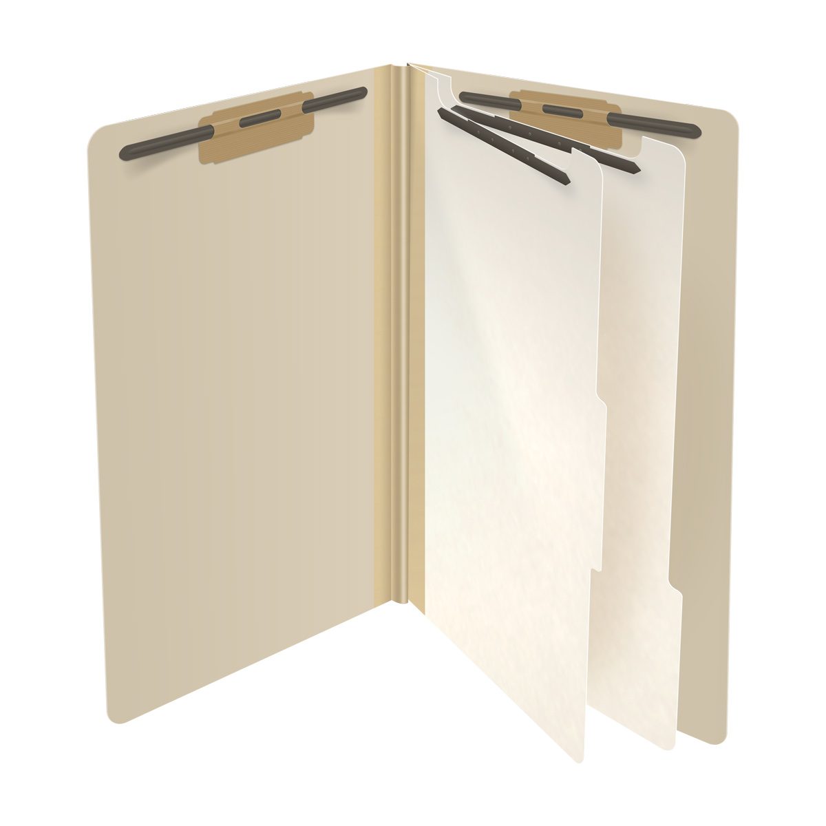 Manila legal size end tab two divider classification folder with 2" gray tyvek expansion, with 2" bonded fasteners on inside front and inside back and 1" duo fastener on dividers. 18 pt manila stock, 10/Box