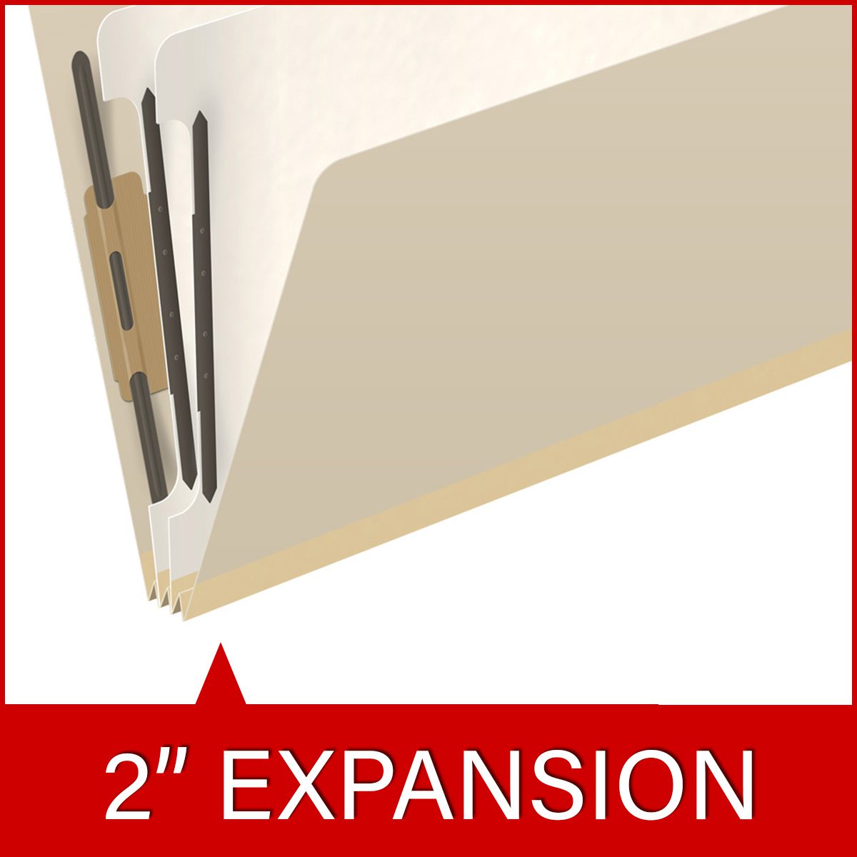 Manila legal size end tab two divider classification folder with 2" gray tyvek expansion, with 2" bonded fasteners on inside front and inside back and 1" duo fastener on dividers. 18 pt manila stock. Packaged 10/50.