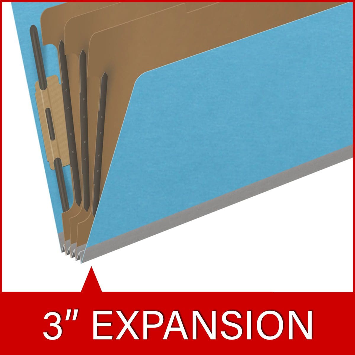 Blue legal size end tab classification folder with 3" gray tyvek expansion, with 2" bonded fasteners on inside front and inside back and 1" duo fastener on dividers. 18 pt. paper stock and 17 pt brown kraft dividers. Packaged 10/50.