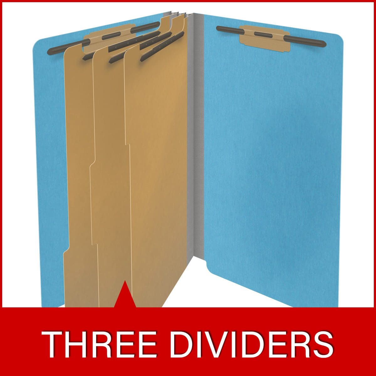 Blue legal size end tab classification folder with 3" gray tyvek expansion, with 2" bonded fasteners on inside front and inside back and 1" duo fastener on dividers. 18 pt. paper stock and 17 pt brown kraft dividers. Packaged 10/50.
