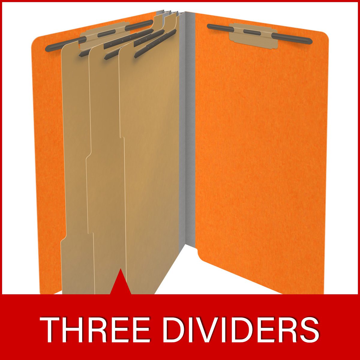Orange legal size end tab classification folder with 3" gray tyvek expansion, with 2" bonded fasteners on inside front and inside back and 1" duo fastener on dividers. 18 pt. paper stock and 17 pt brown kraft dividers. Packaged 10/50.