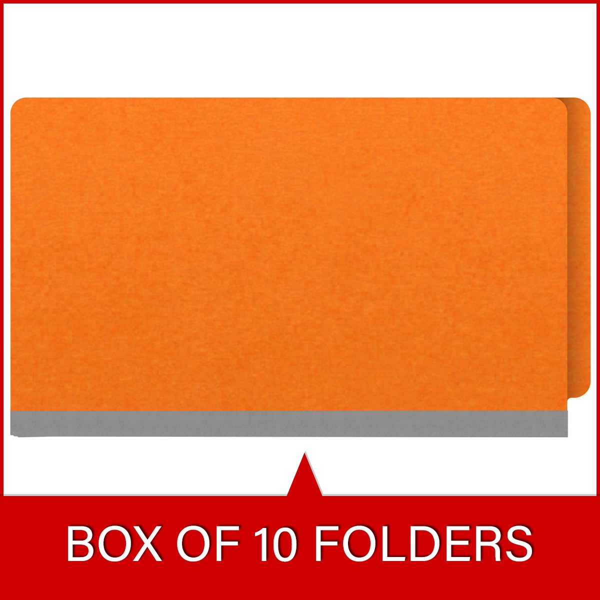 Orange legal size end tab classification folder with 3" gray tyvek expansion, with 2" bonded fasteners on inside front and inside back and 1" duo fastener on dividers. 18 pt. paper stock and 17 pt brown kraft dividers. Packaged 10/50.