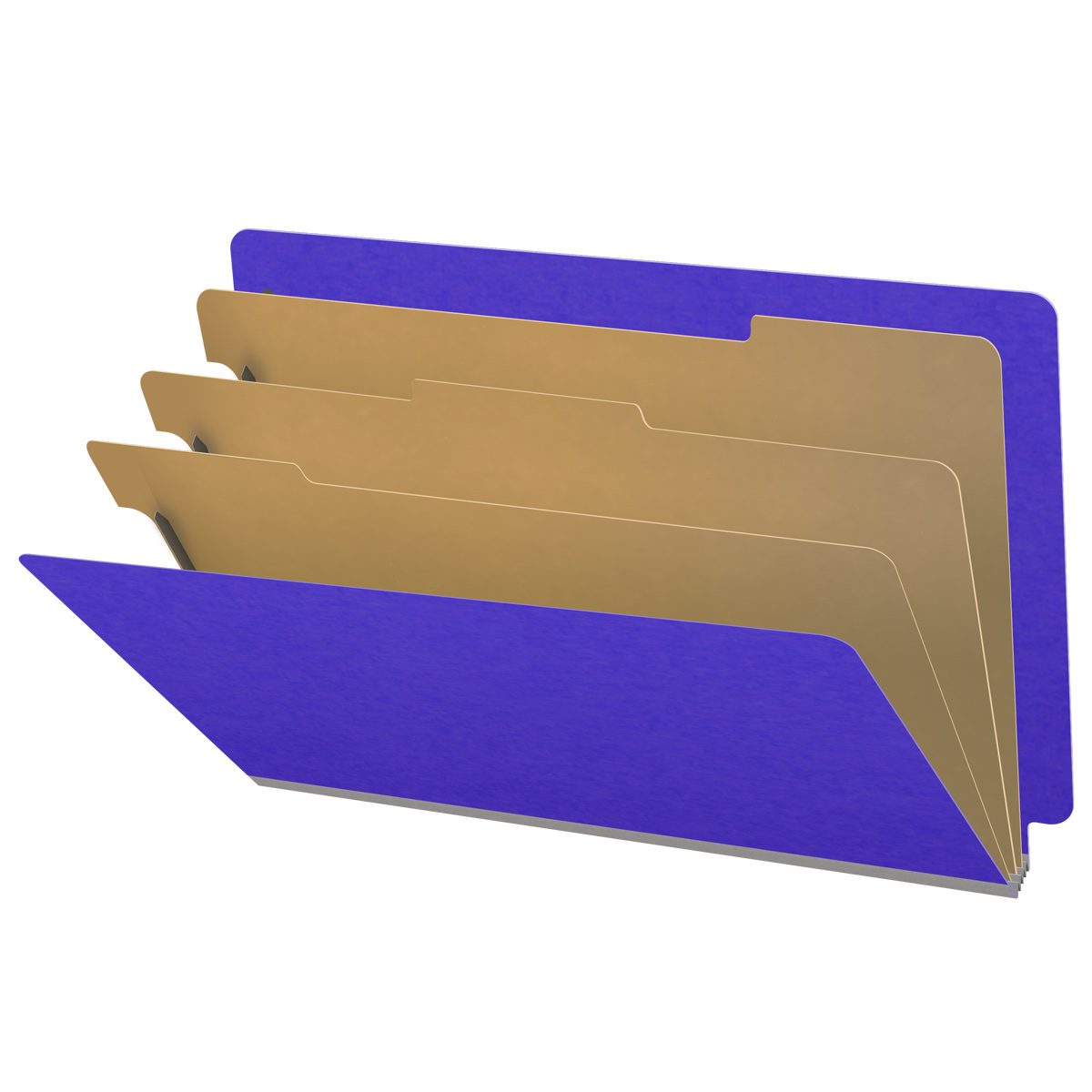 Purple legal size end tab classification folder with 3" gray tyvek expansion, with 2" bonded fasteners on inside front and inside back and 1" duo fastener on dividers. 18 pt. paper stock and 17 pt brown kraft dividers, 10/Box