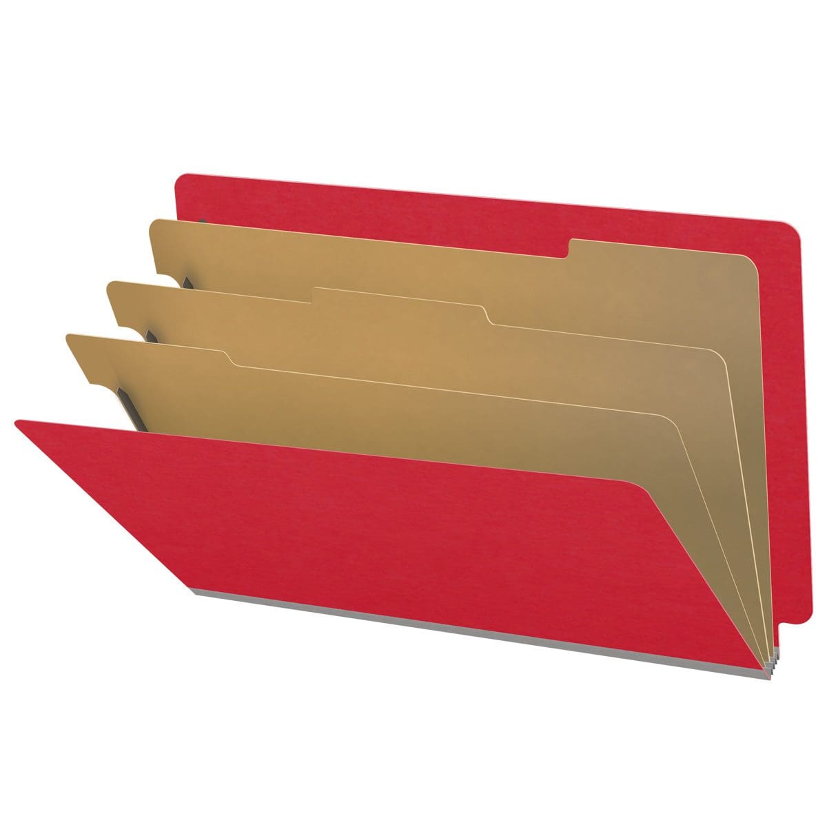 Red legal size end tab classification folder with 3" gray tyvek expansion, with 2" bonded fasteners on inside front and inside back and 1" duo fastener on dividers. 18 pt. paper stock and 17 pt brown kraft dividers, 10/Box