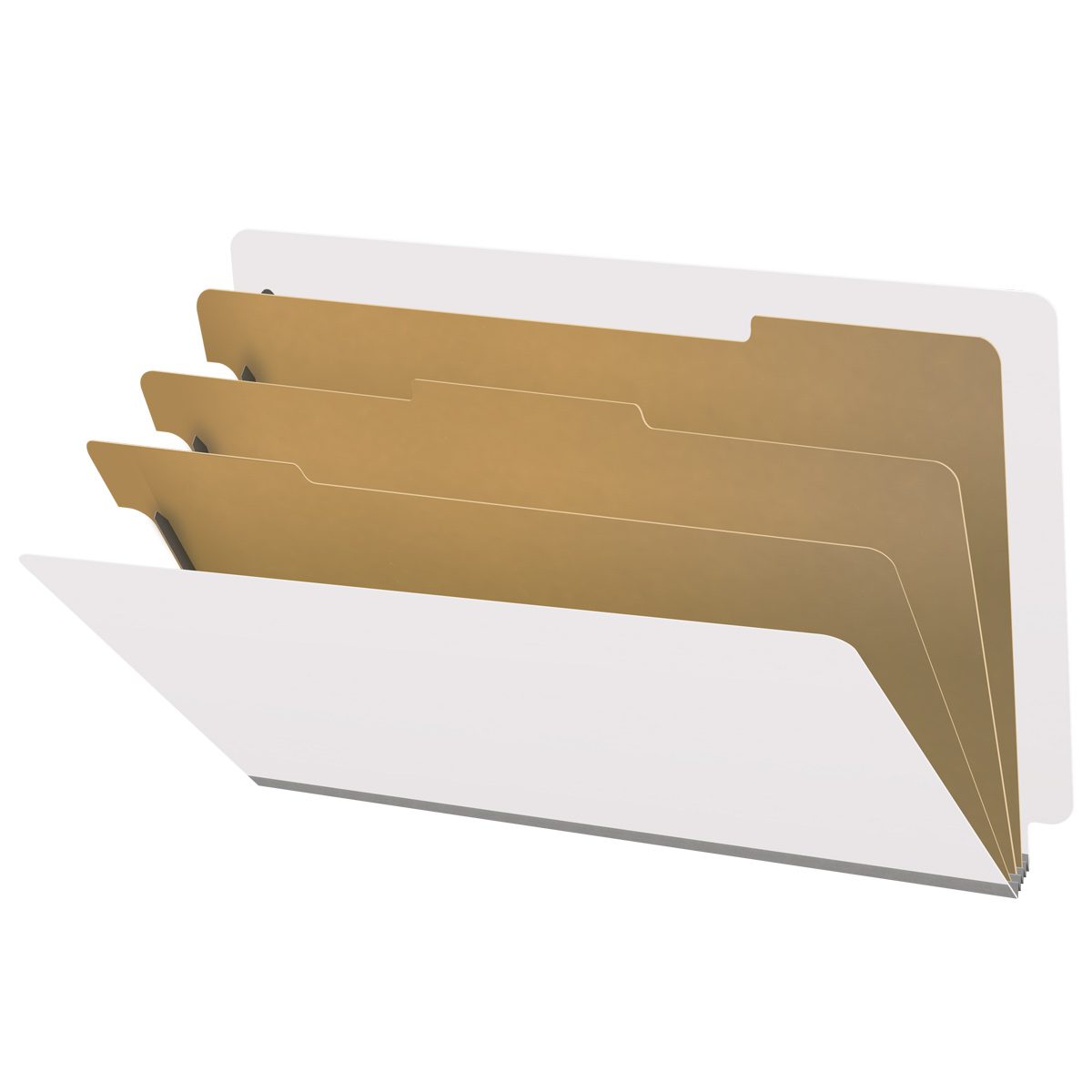 White legal size end tab classification folder with 3" gray tyvek expansion, with 2" bonded fasteners on inside front and inside back and 1" duo fastener on dividers. 18 pt. paper stock and 17 pt brown kraft dividers. Packaged 10/50.