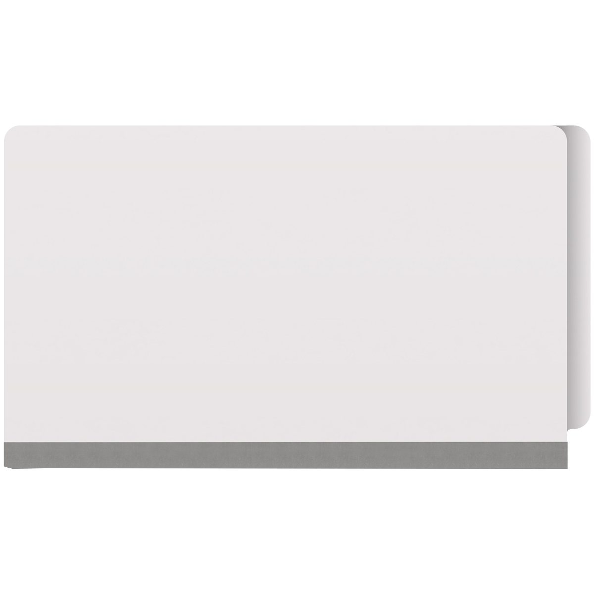 White legal size end tab classification folder with 3" gray tyvek expansion, with 2" bonded fasteners on inside front and inside back and 1" duo fastener on dividers. 18 pt. paper stock and 17 pt brown kraft dividers. Packaged 10/50.