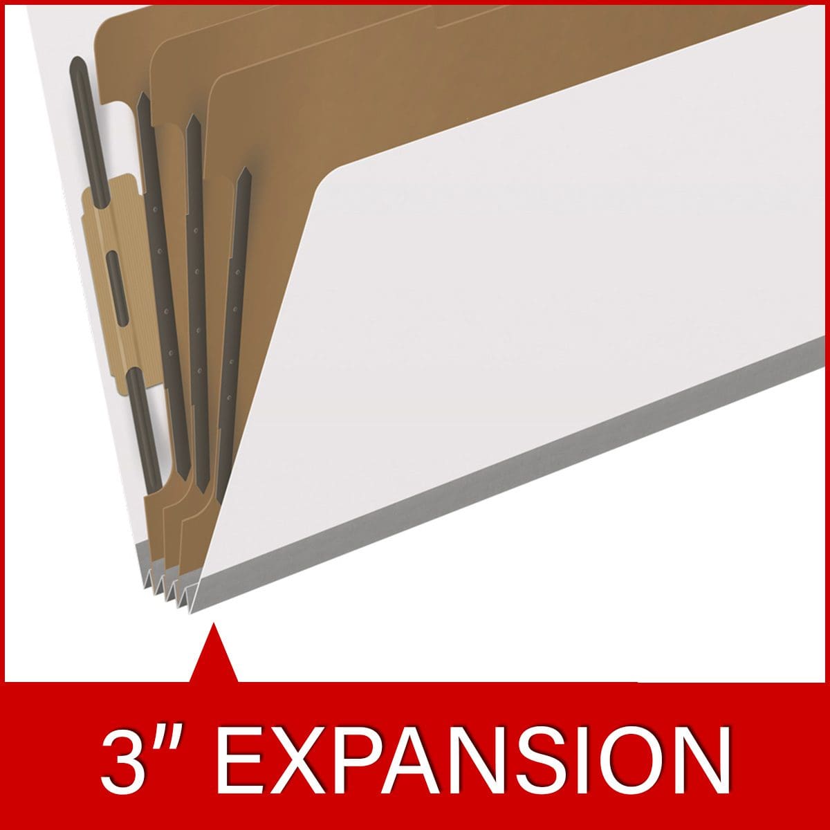 White legal size end tab classification folder with 3" gray tyvek expansion, with 2" bonded fasteners on inside front and inside back and 1" duo fastener on dividers. 18 pt. paper stock and 17 pt brown kraft dividers. Packaged 10/50.