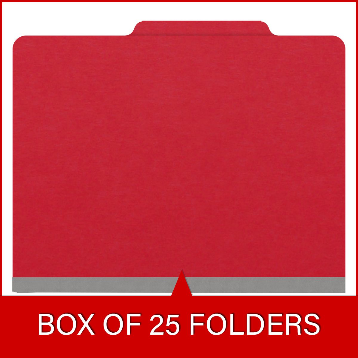 Red letter size top tab classification folder with 2" gray tyvek expansion. 18 pt. paper stock. Packaged 25/125.