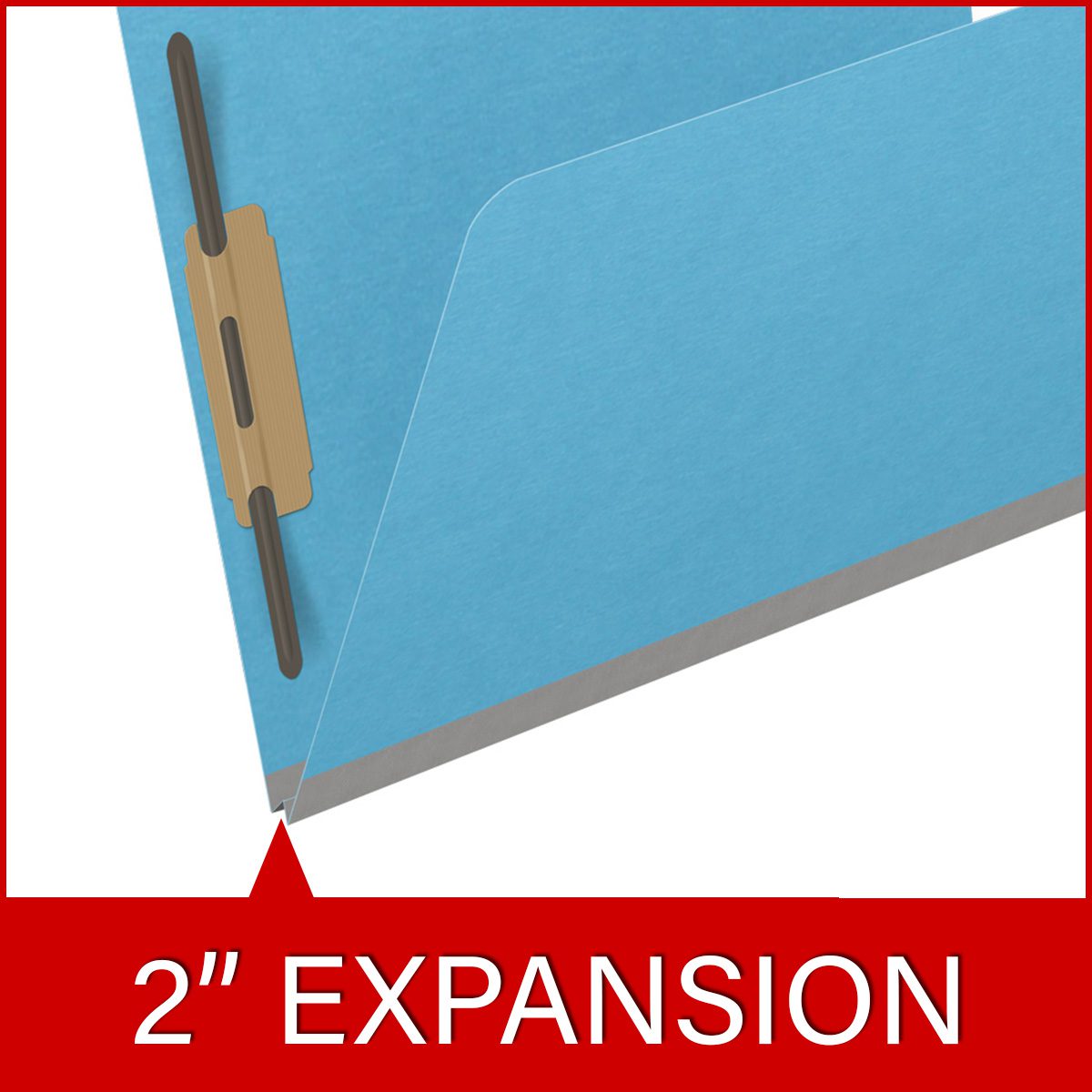 Blue letter size top tab classification folder with 2" gray tyvek expansion and 2" bonded fasteners on inside front and inside back. 18 pt. paper stock. Packaged 25/125.
