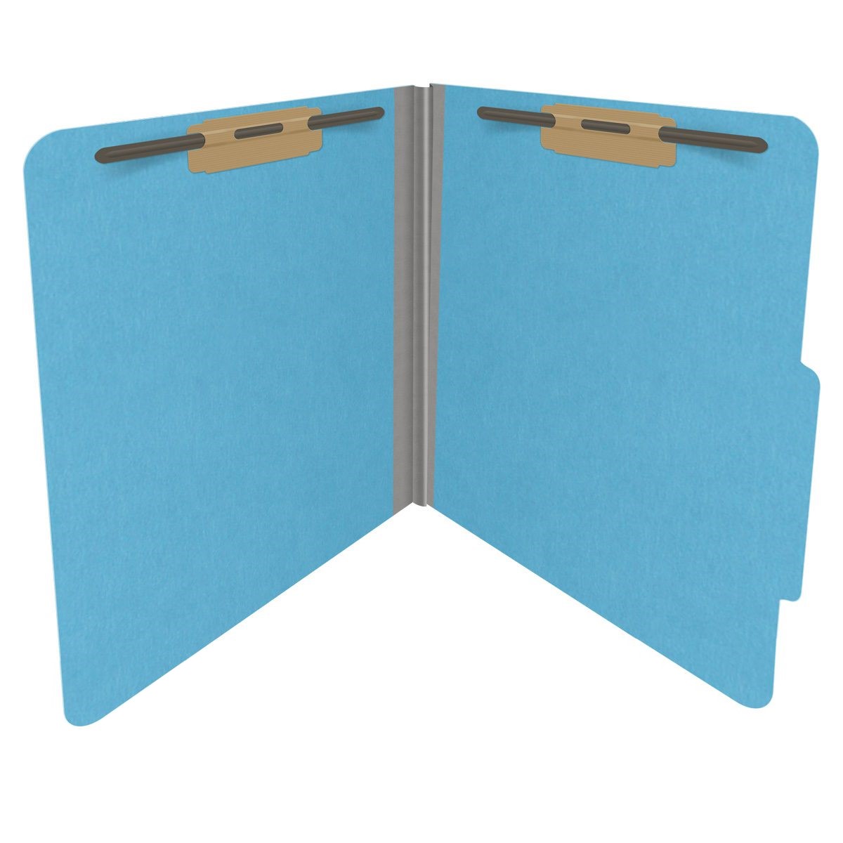 Blue letter size top tab classification folder with 2" gray tyvek expansion and 2" bonded fasteners on inside front and inside back. 18 pt. paper stock. Packaged 25/125.