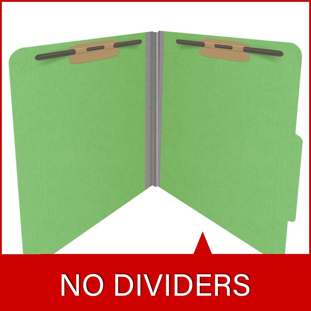 Green letter size top tab classification folder with 2" gray tyvek expansion and 2" bonded fasteners on inside front and inside back. 18 pt. paper stock. Packaged 25/125.