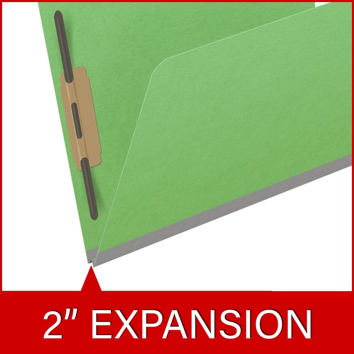 Green letter size top tab classification folder with 2" gray tyvek expansion and 2" bonded fasteners on inside front and inside back. 18 pt. paper stock. Packaged 25/125.