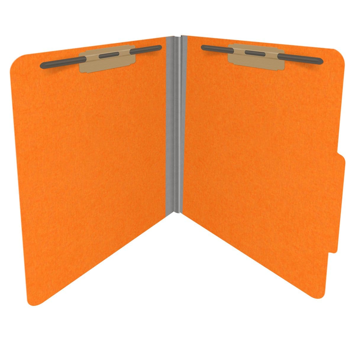 Orange letter size top tab classification folder with 2" gray tyvek expansion and 2" bonded fasteners on inside front and inside back. 18 pt. paper stock. Packaged 25/125.