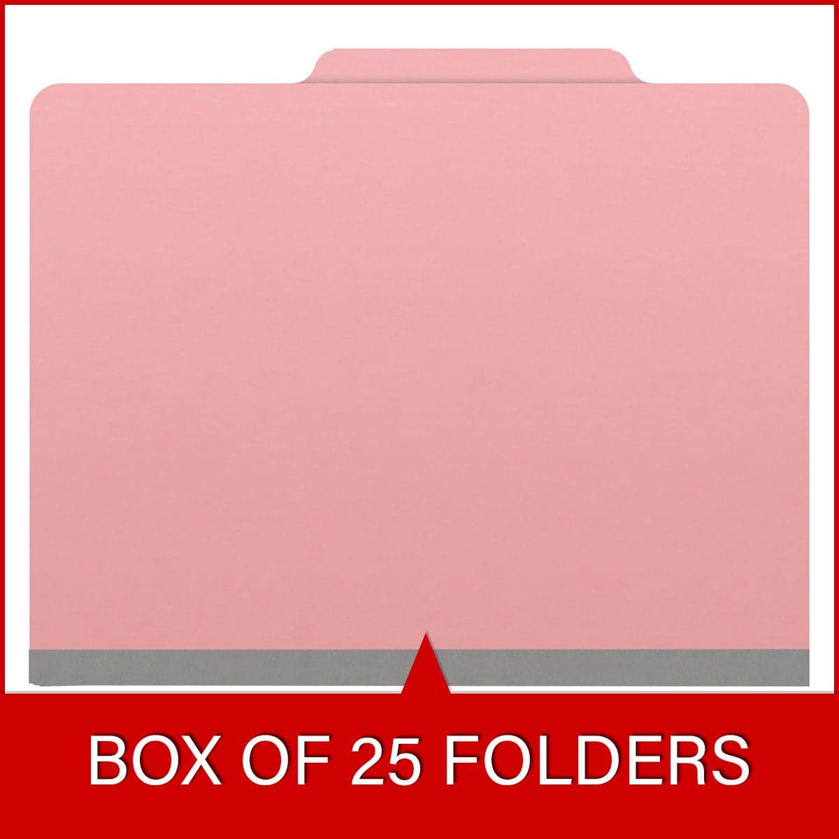 Pink letter size top tab classification folder with 2" gray tyvek expansion and 2" bonded fasteners on inside front and inside back. 18 pt. paper stock. Packaged 25/125.