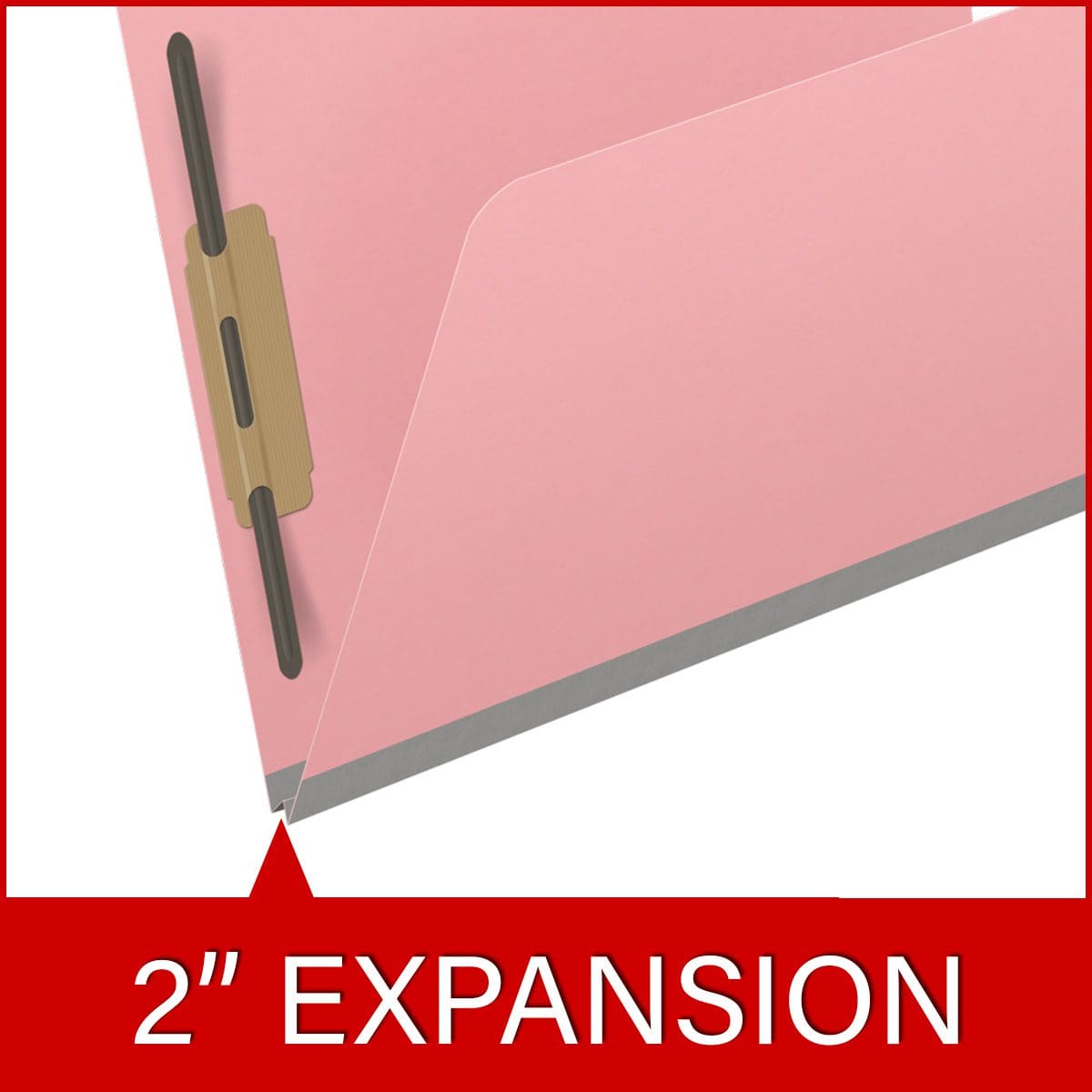 Pink letter size top tab classification folder with 2" gray tyvek expansion and 2" bonded fasteners on inside front and inside back. 18 pt. paper stock. Packaged 25/125.