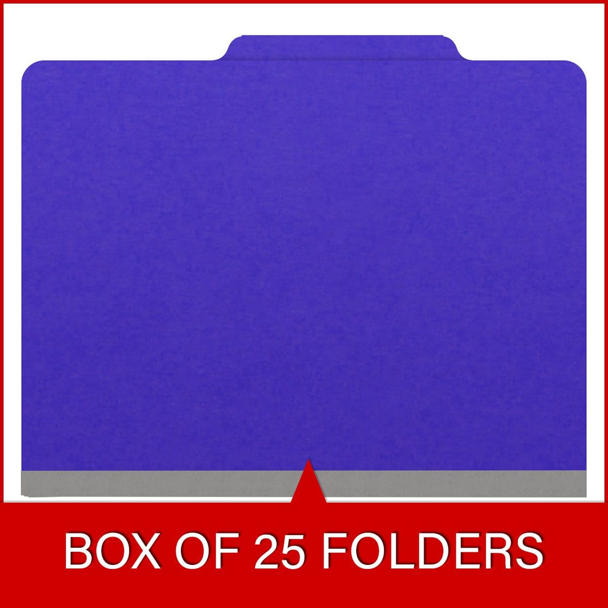 Purple letter size top tab classification folder with 2" gray tyvek expansion and 2" bonded fasteners on inside front and inside back. 18 pt. paper stock. Packaged 25/125.