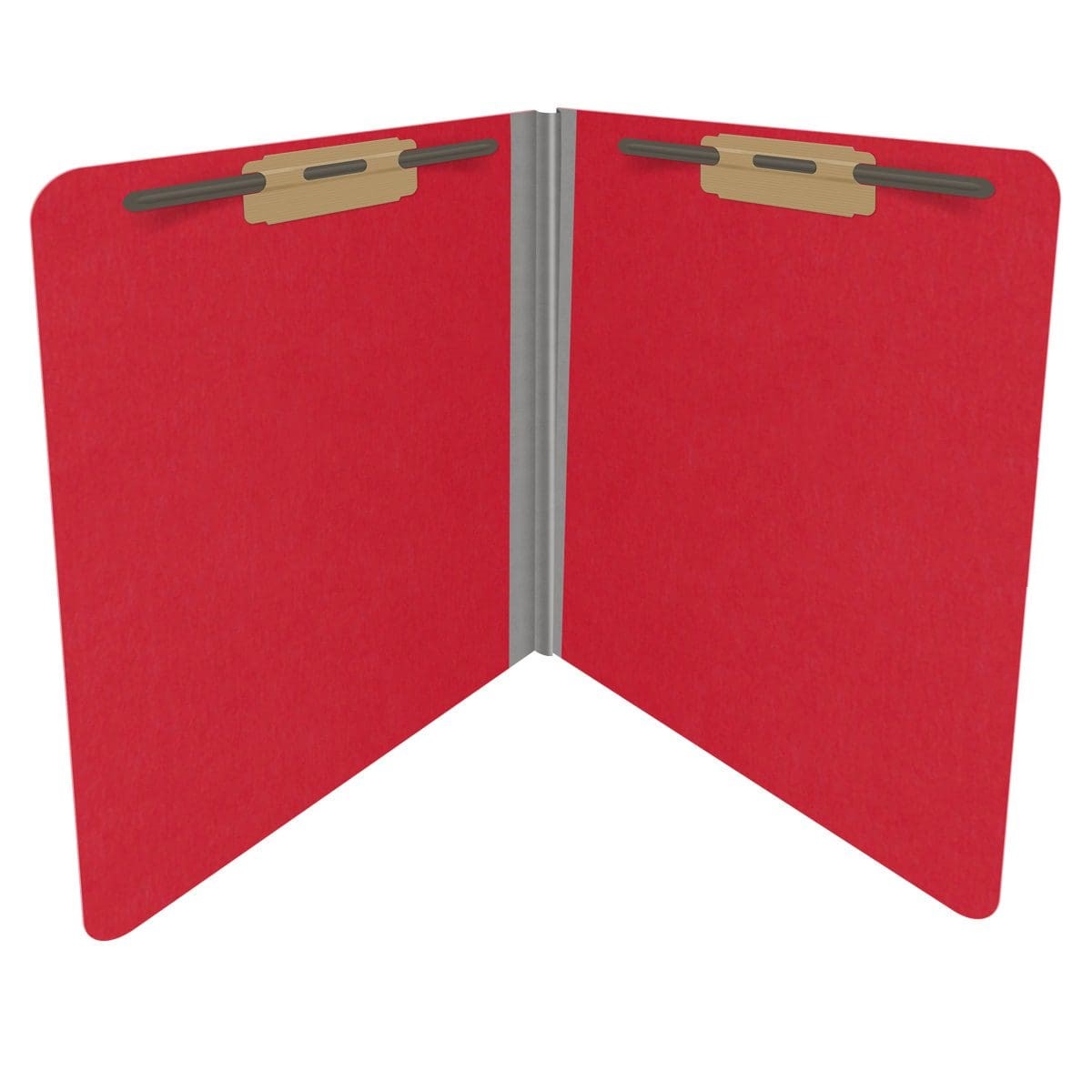 Red letter size top tab classification folder with 2" gray tyvek expansion and 2" bonded fasteners on inside front and inside back. 18 pt. paper stock. Packaged 25/125.