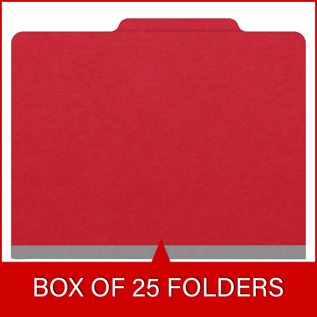 Red letter size top tab classification folder with 2" gray tyvek expansion and 2" bonded fasteners on inside front and inside back. 18 pt. paper stock. Packaged 25/125.