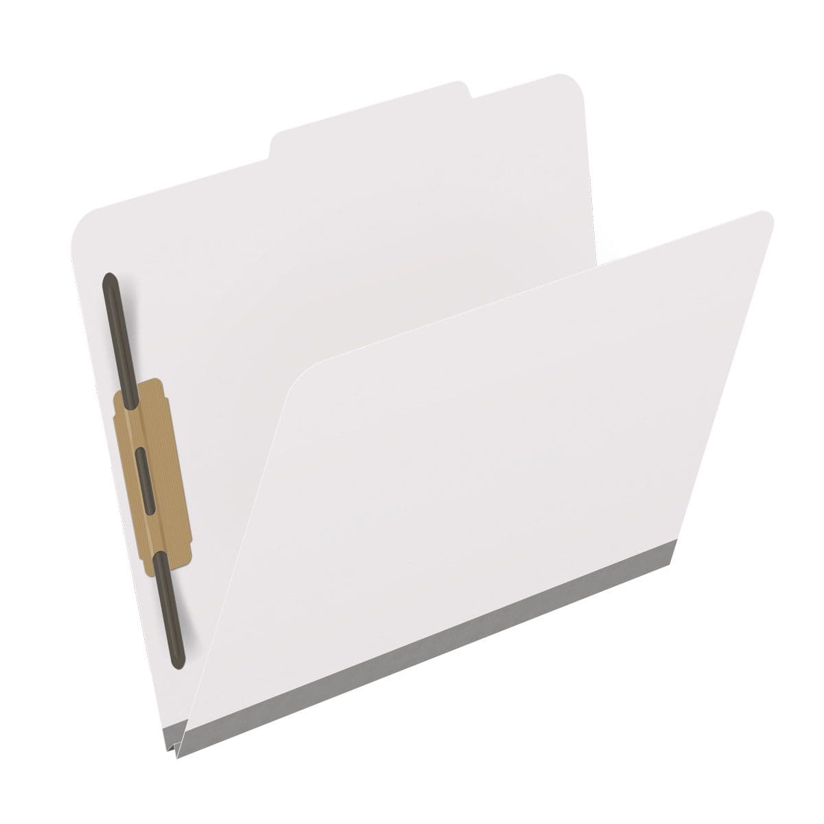 White letter size top tab classification folder with 2" gray tyvek expansion and 2" bonded fasteners on inside front and inside back. 18 pt. paper stock. Packaged 25/125.