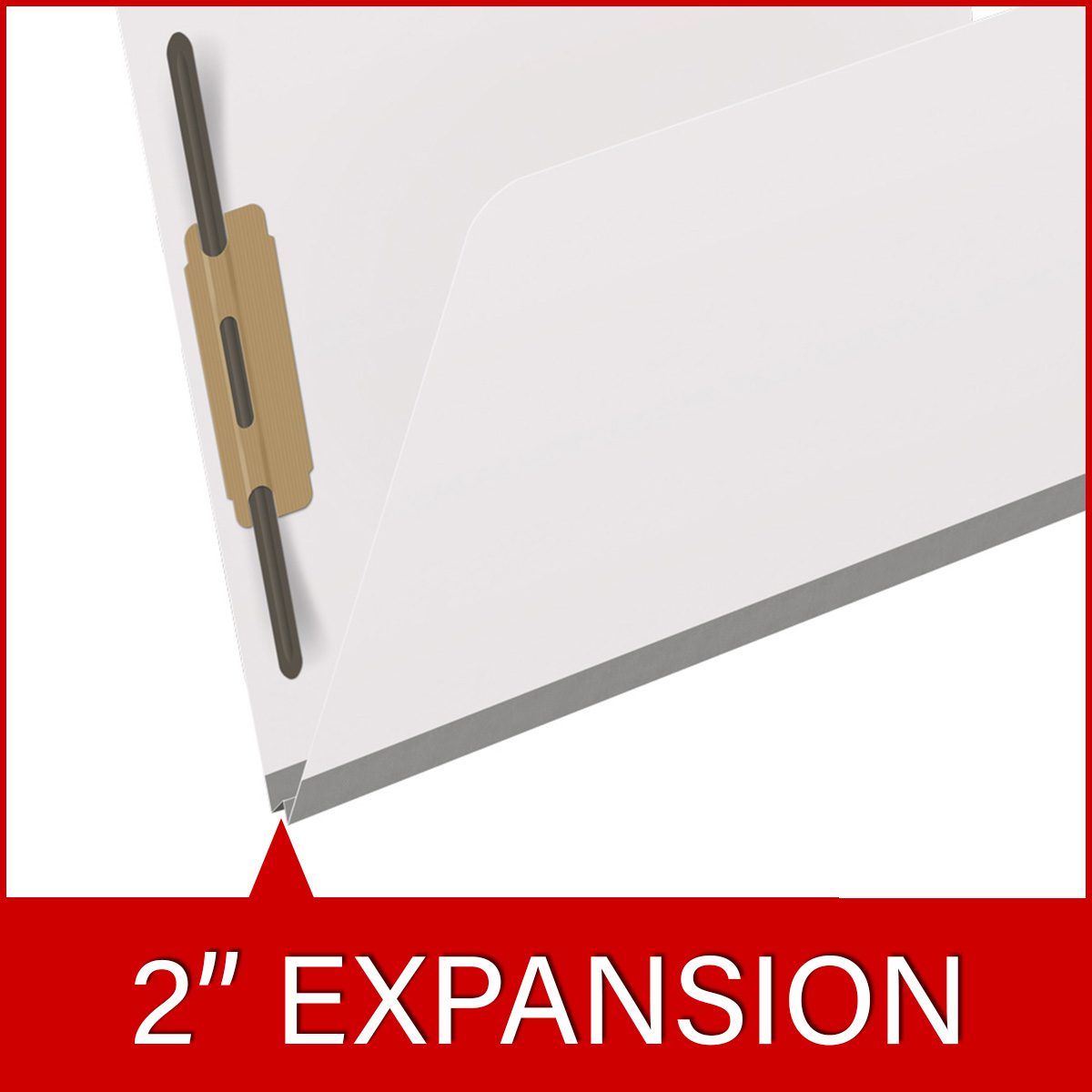 White letter size top tab classification folder with 2" gray tyvek expansion and 2" bonded fasteners on inside front and inside back. 18 pt. paper stock. Packaged 25/125.