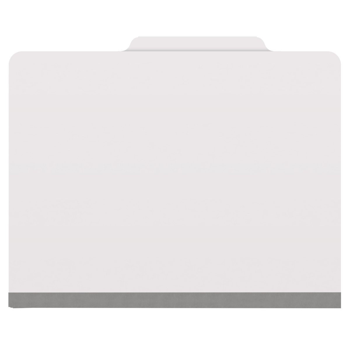 White letter size top tab classification folder with 2" gray tyvek expansion and 2" bonded fasteners on inside front and inside back. 18 pt. paper stock. Packaged 25/125.