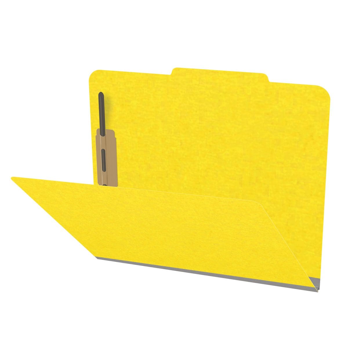 Yellow letter size top tab classification folder with 2" gray tyvek expansion and 2" bonded fasteners on inside front and inside back. 18 pt. paper stock. Packaged 25/125.