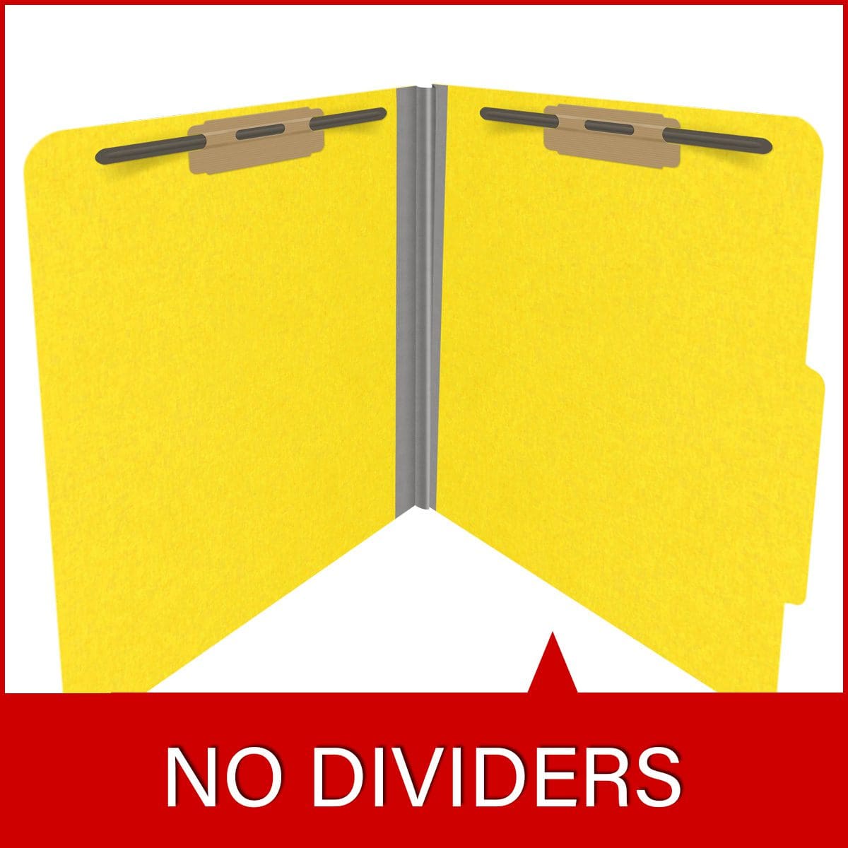Yellow letter size top tab classification folder with 2" gray tyvek expansion and 2" bonded fasteners on inside front and inside back. 18 pt. paper stock. Packaged 25/125.