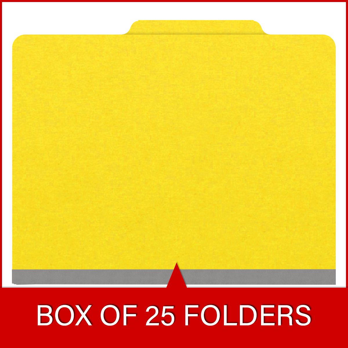 Yellow letter size top tab classification folder with 2" gray tyvek expansion and 2" bonded fasteners on inside front and inside back. 18 pt. paper stock. Packaged 25/125.