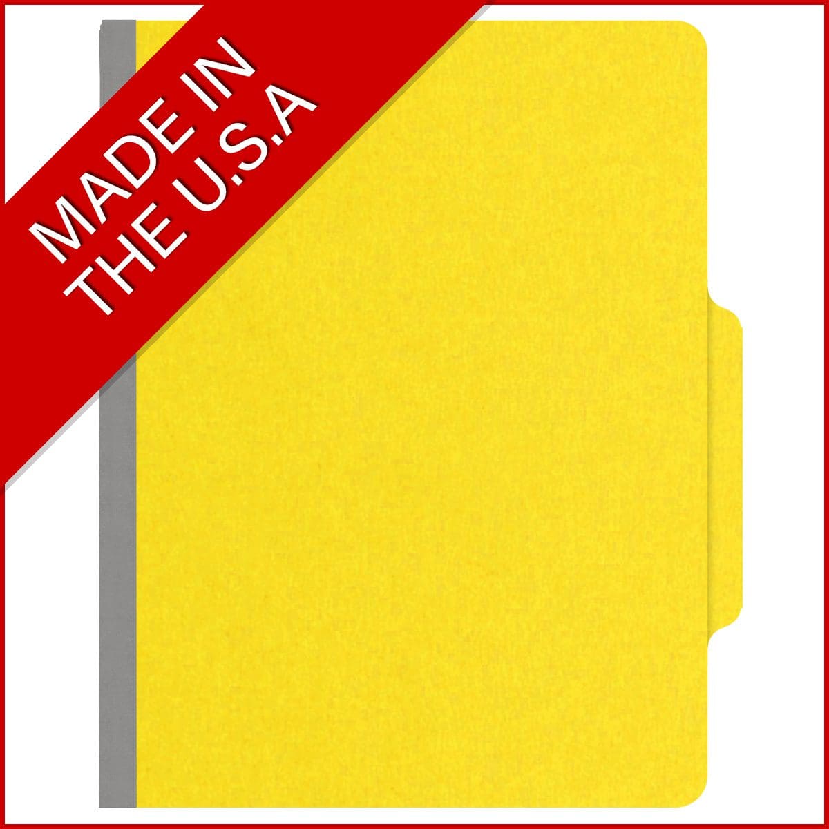 Yellow letter size top tab classification folder with 2" gray tyvek expansion and 2" bonded fasteners on inside front and inside back. 18 pt. paper stock. Packaged 25/125.